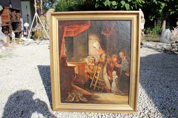 Antique 19thc French oil canvas painting family praying house altar signed