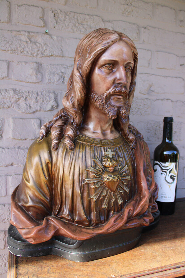 Antique large ceramic chalk bust sacred heart jesus statue signed