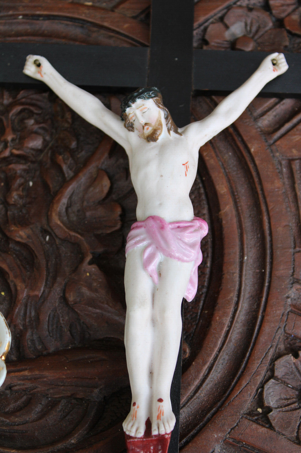 Antique Belgian vieux andenne bisque porcelain calvary crucifix holy water font