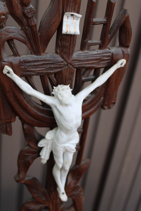 Antique large french vieux paris porcelain wood cross crucifix calvary religious