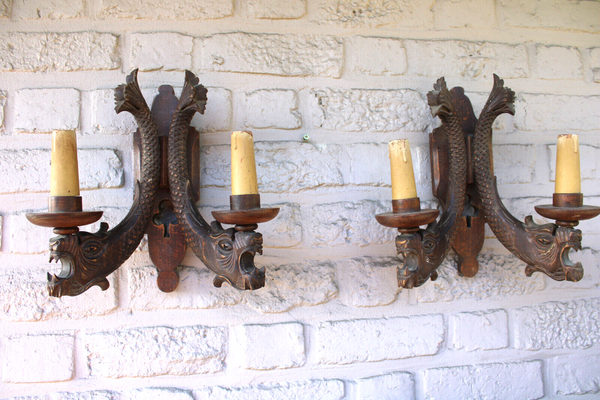 PAIR antique gothic wood carved dragon wall lights sconces lamps