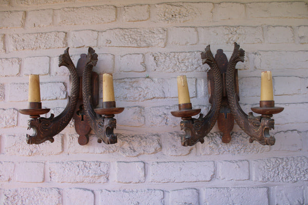 PAIR antique gothic wood carved dragon wall lights sconces lamps