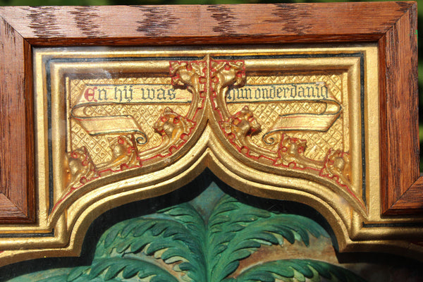 antique neo gothic triptych relief terracotta holy family bible text wood frame
