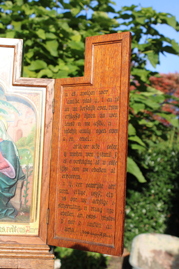 antique neo gothic triptych relief terracotta holy family bible text wood frame