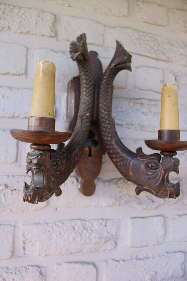 PAIR antique gothic wood carved dragon wall lights sconces lamps