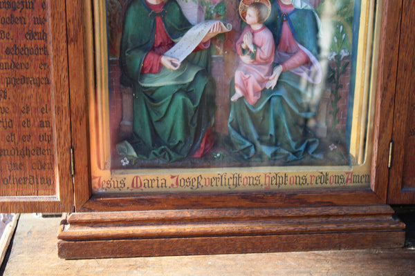 antique neo gothic triptych relief terracotta holy family bible text wood frame