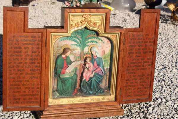 antique neo gothic triptych relief terracotta holy family bible text wood frame