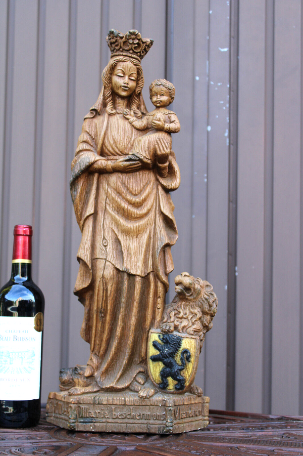 Antique Ceramic XL statue our lady of flanders lion signed MERLINI religious