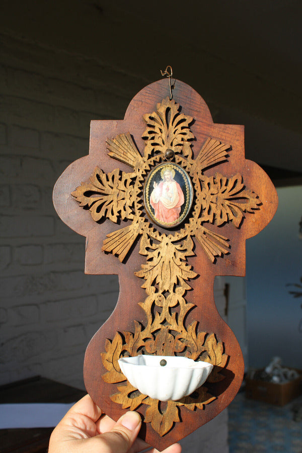 Antique french wood cut medaillon christ jesus holy water font religious