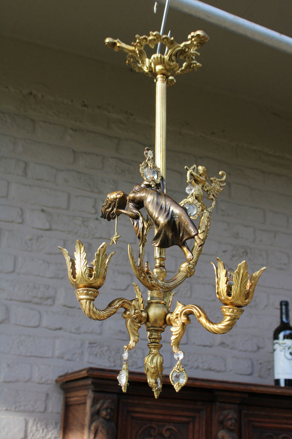 Rare vintage bronze 3 arm chandelier cupido fairy figural lamp glass pendants