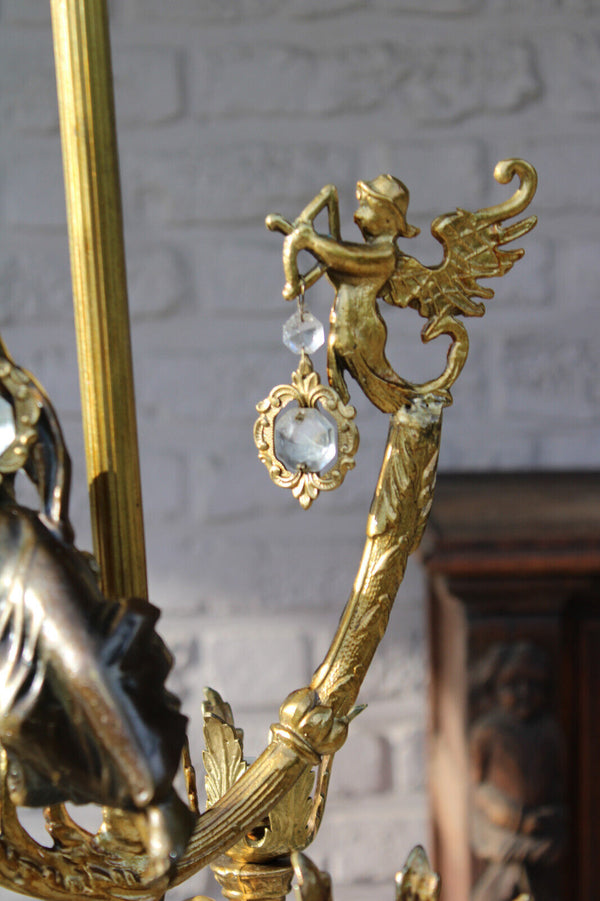 Rare vintage bronze 3 arm chandelier cupido fairy figural lamp glass pendants
