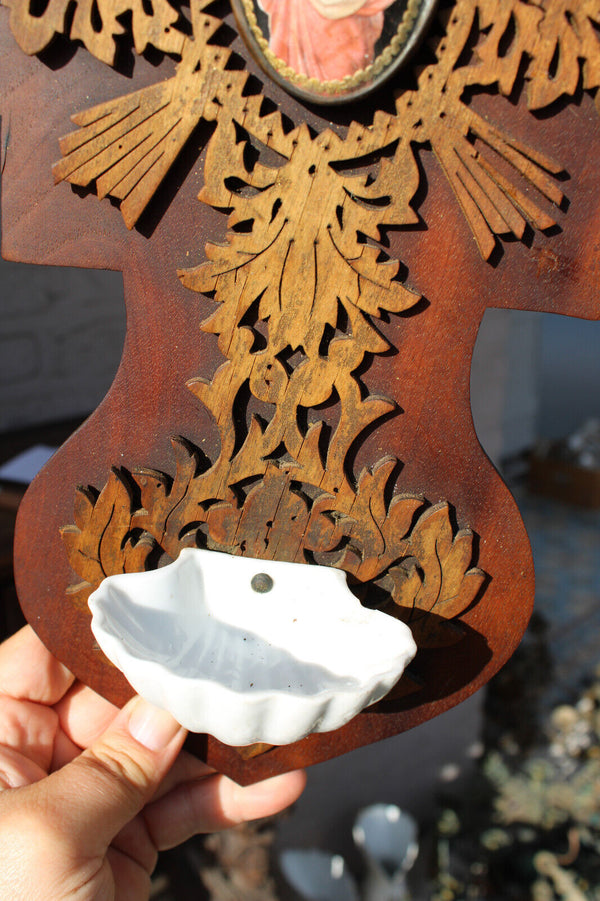 Antique french wood cut medaillon christ jesus holy water font religious