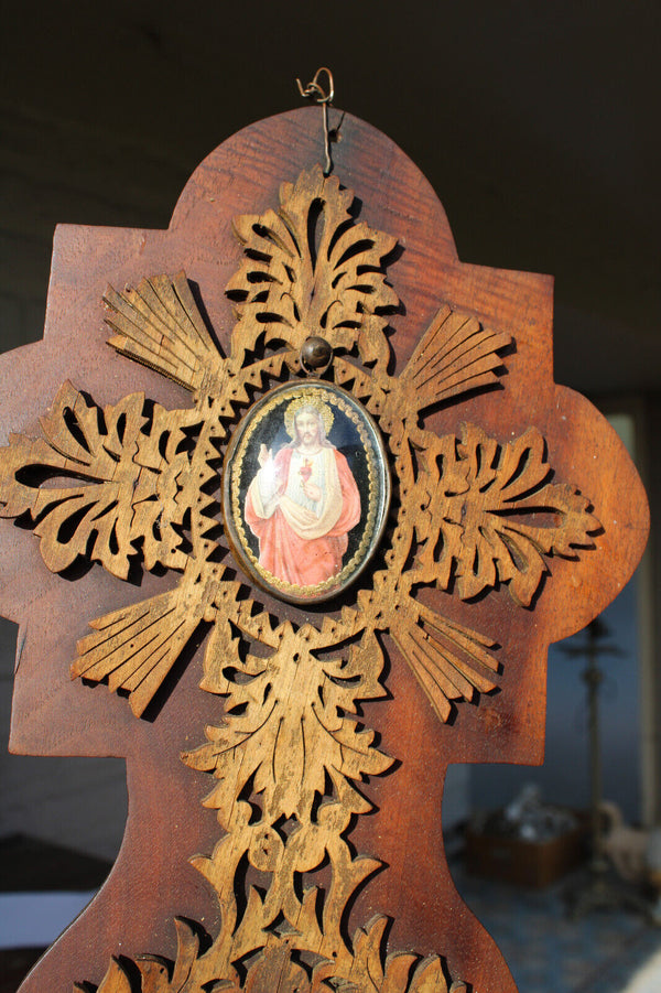 Antique french wood cut medaillon christ jesus holy water font religious