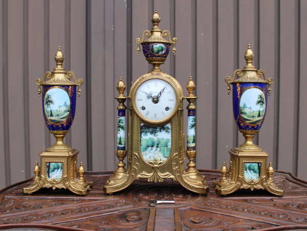 Vintage porcelain brass clock set landscape decor