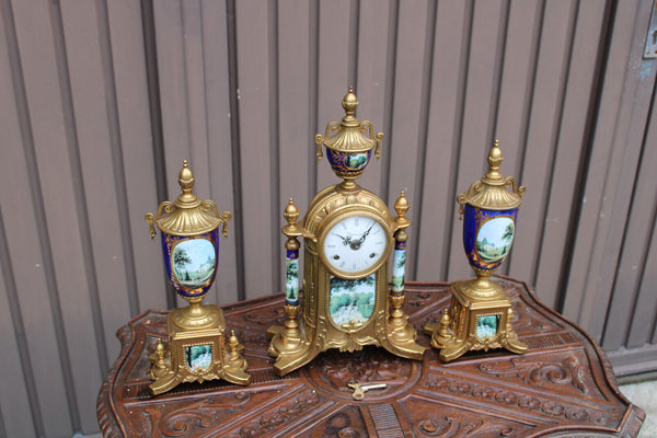 Vintage porcelain brass clock set landscape decor