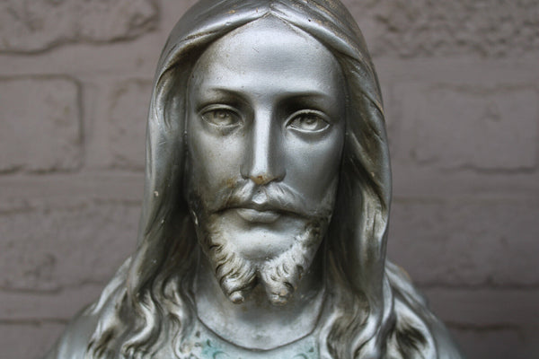 Antique french ceramic chalk jesus christ sacred heart bust statue marked