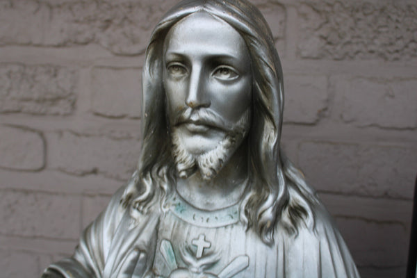 Antique french ceramic chalk jesus christ sacred heart bust statue marked