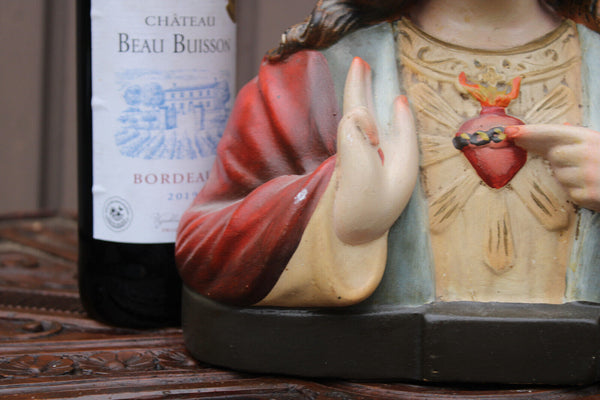 Antique ceramic chalk sacred heart jesus bust statue religious signed