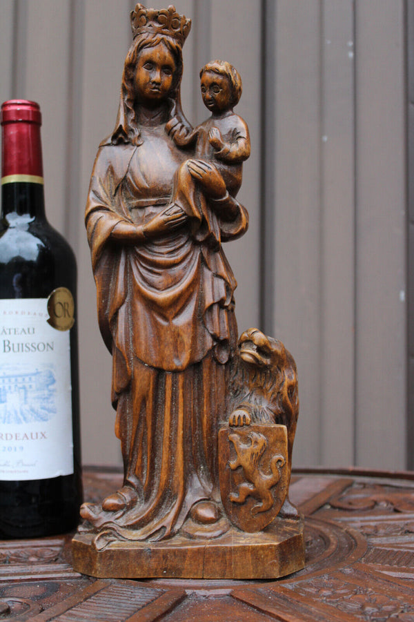 Antique wood carved our lady of Flanders statue religious lion