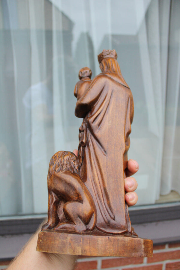 Antique wood carved our lady of Flanders statue religious lion