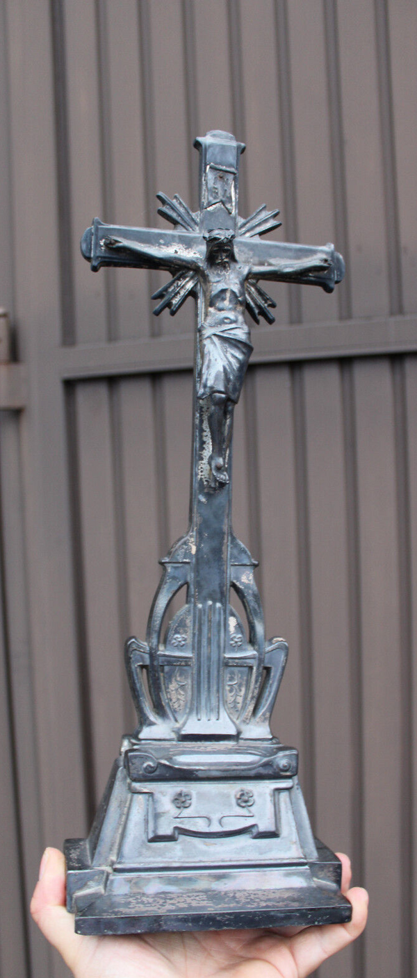 Antique spelter zinc metal art deco crucifix cross