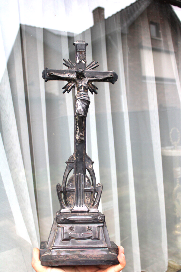 Antique spelter zinc metal art deco crucifix cross