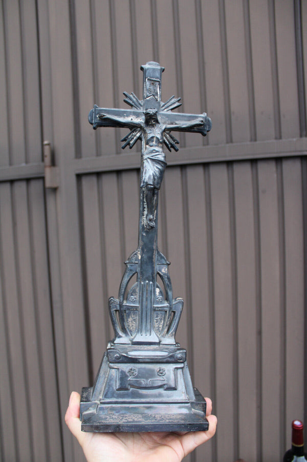 Antique spelter zinc metal art deco crucifix cross