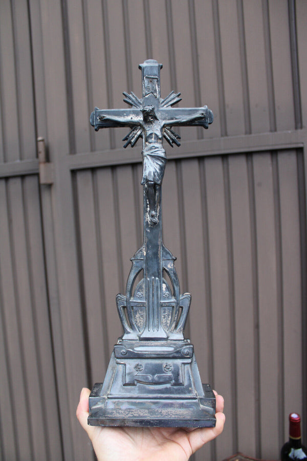 Antique spelter zinc metal art deco crucifix cross