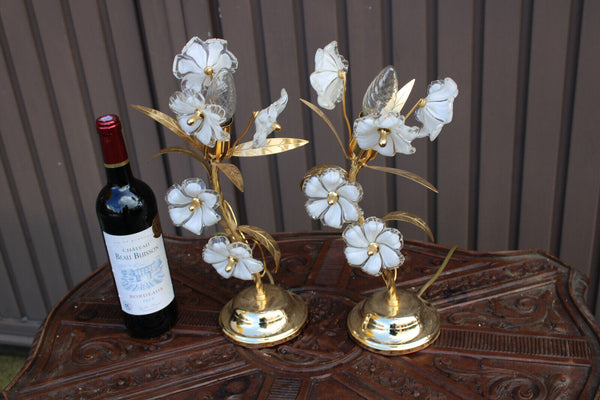 PAIR vintage Murano glass flower table lamps metal gold gilt 1970s