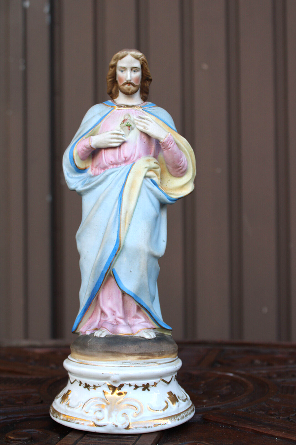 Antique belgian vieux andenne bisque porcelain sacred heart jesus statue