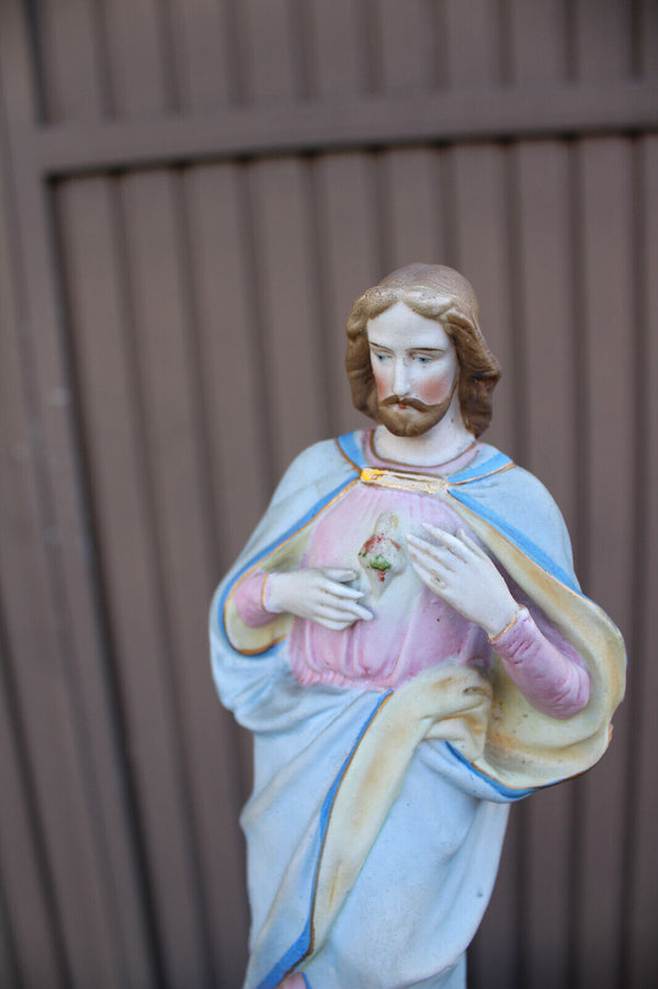 Antique belgian vieux andenne bisque porcelain sacred heart jesus statue