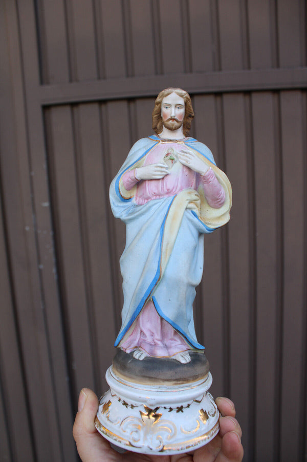 Antique belgian vieux andenne bisque porcelain sacred heart jesus statue