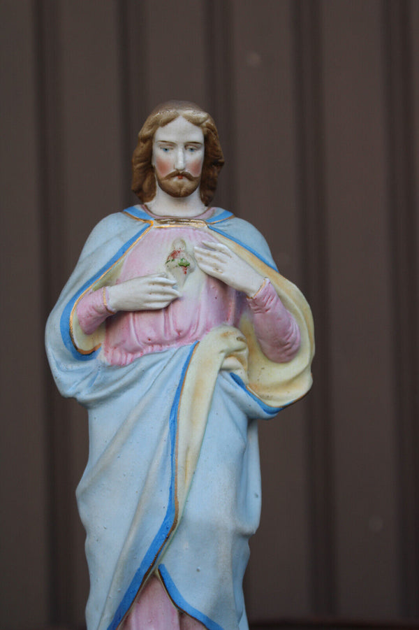 Antique belgian vieux andenne bisque porcelain sacred heart jesus statue