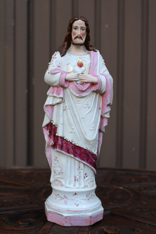 Antique french vieux paris porcelain sacred heart jesus statue figurine