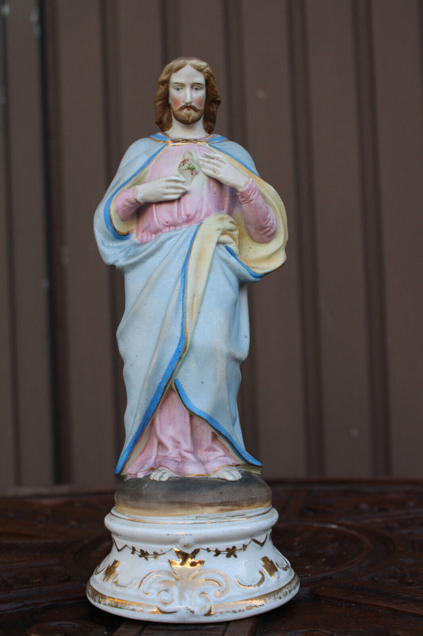 Antique belgian vieux andenne bisque porcelain sacred heart jesus statue