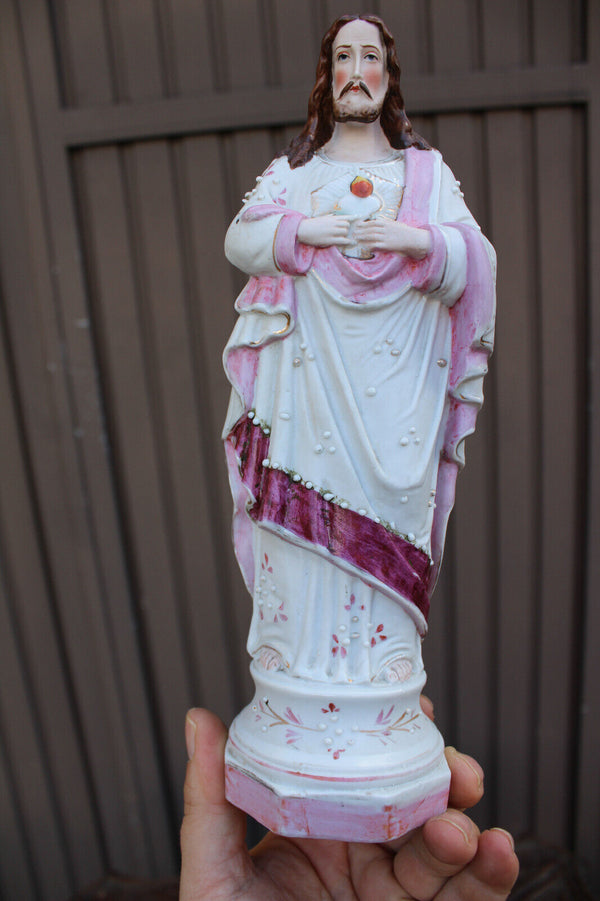 Antique french vieux paris porcelain sacred heart jesus statue figurine