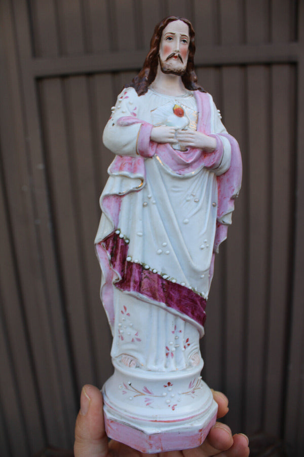 Antique french vieux paris porcelain sacred heart jesus statue figurine