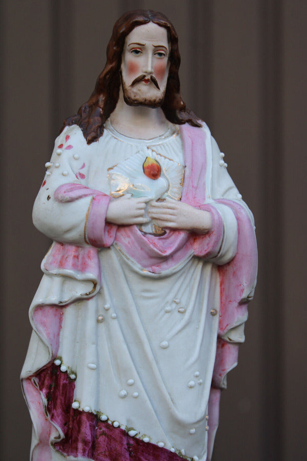 Antique french vieux paris porcelain sacred heart jesus statue figurine