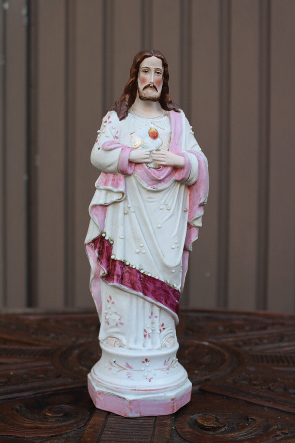 Antique french vieux paris porcelain sacred heart jesus statue figurine