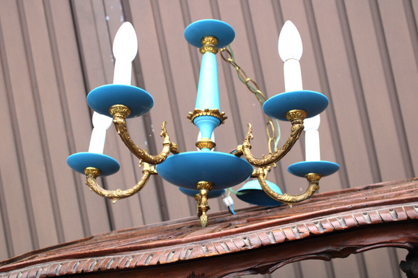 Vintage turquoise Blue metal brass chandelier 1960 mid century