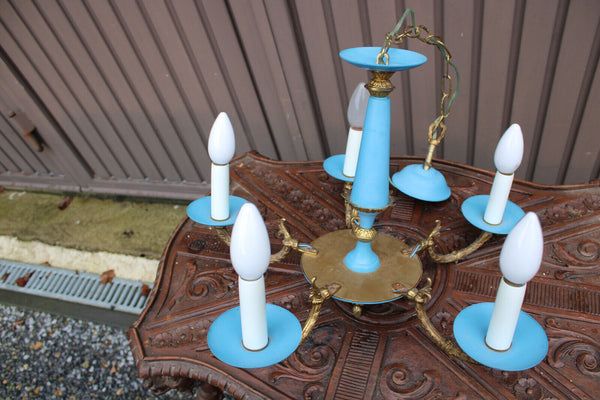 Vintage turquoise Blue metal brass chandelier 1960 mid century