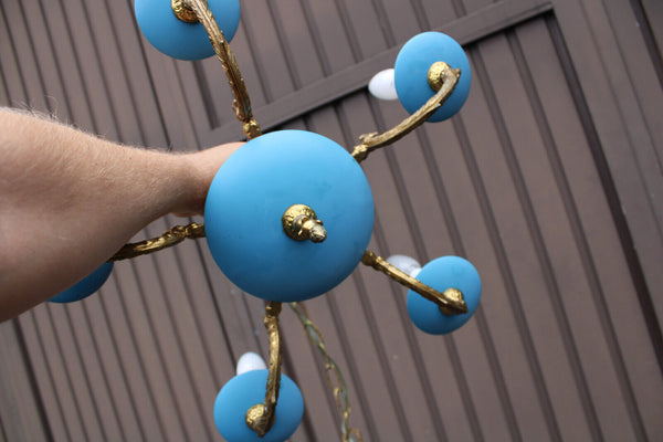 Vintage turquoise Blue metal brass chandelier 1960 mid century