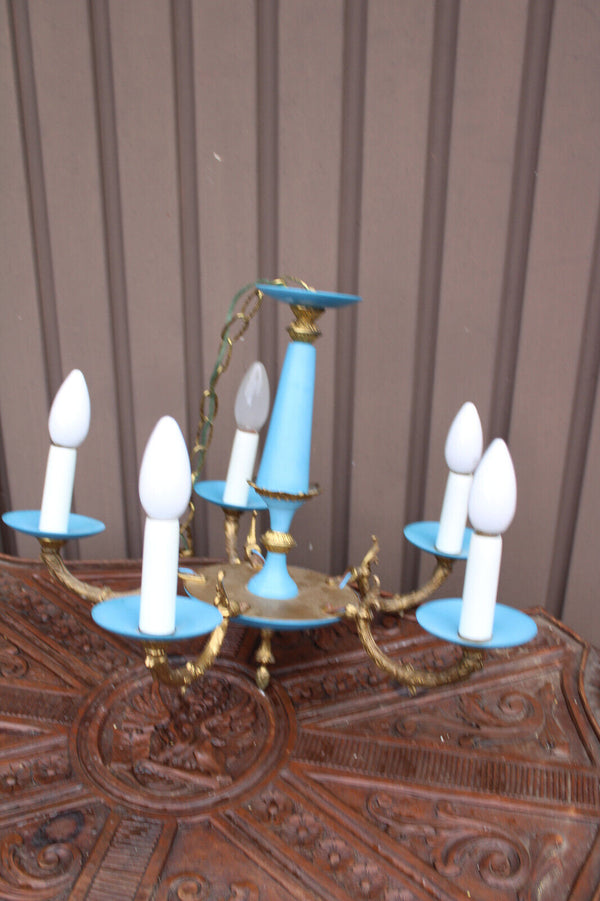 Vintage turquoise Blue metal brass chandelier 1960 mid century