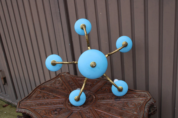 Vintage turquoise Blue metal brass chandelier 1960 mid century