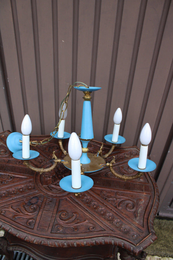 Vintage turquoise Blue metal brass chandelier 1960 mid century