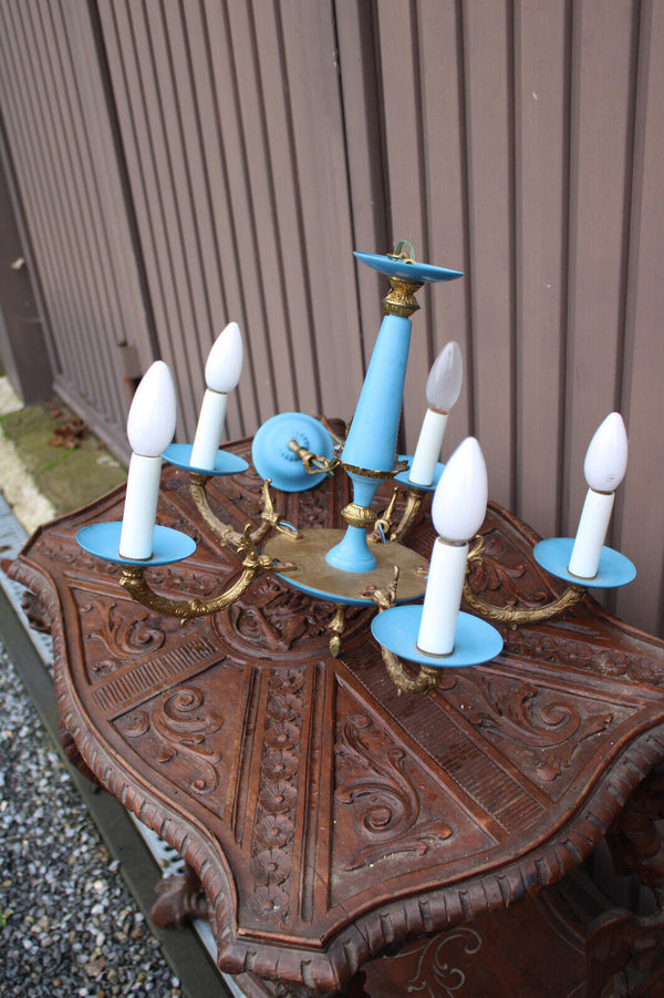 Vintage turquoise Blue metal brass chandelier 1960 mid century