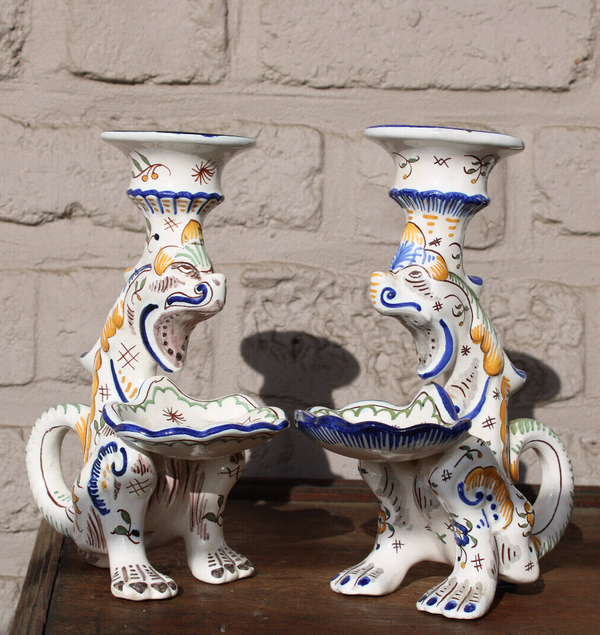 PAIR antique french faience Dragon chimaera figural candle holder candlestick