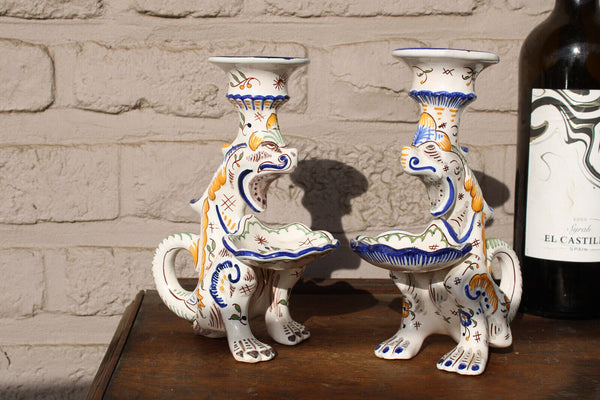 PAIR antique french faience Dragon chimaera figural candle holder candlestick