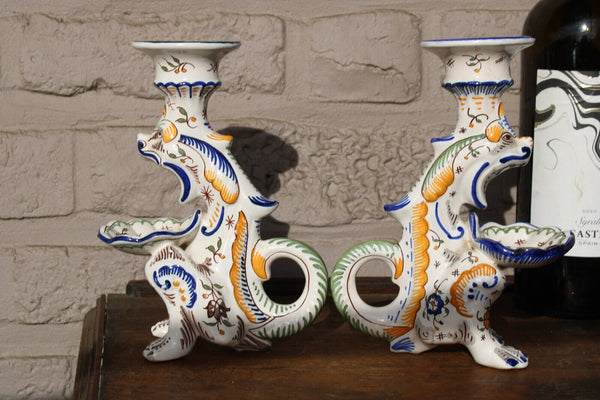 PAIR antique french faience Dragon chimaera figural candle holder candlestick