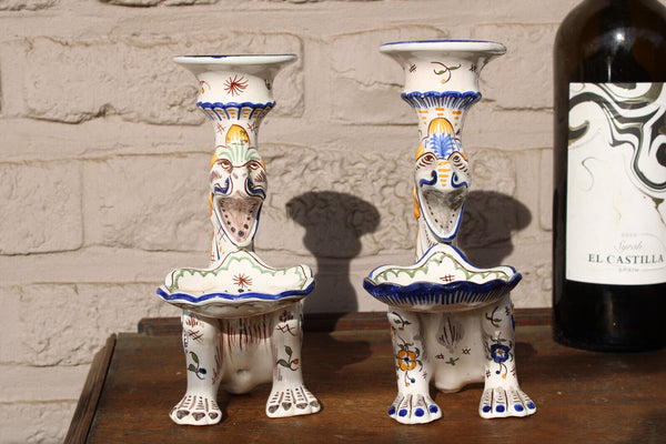 PAIR antique french faience Dragon chimaera figural candle holder candlestick